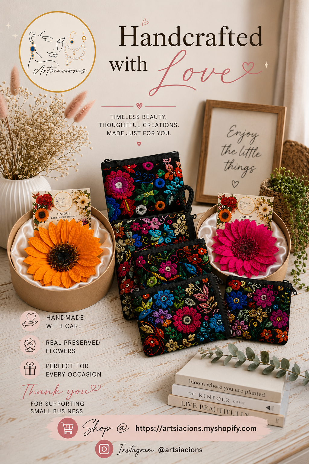 Handmade embroidered floral pouch small